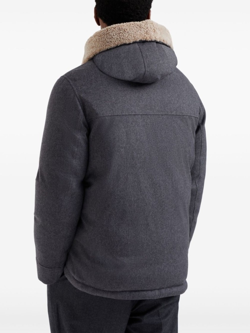 Brunello Cucinelli Hooded Long Length Warm Fabric Front Pockets In Gray