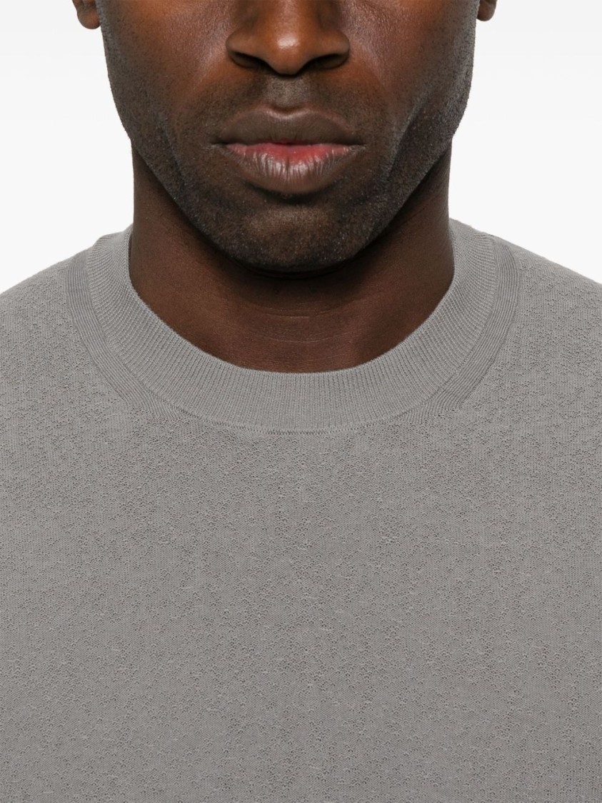 Paolo Pecora Grey Slub Knit T-shirt With Decorative Stitching In Animal Print