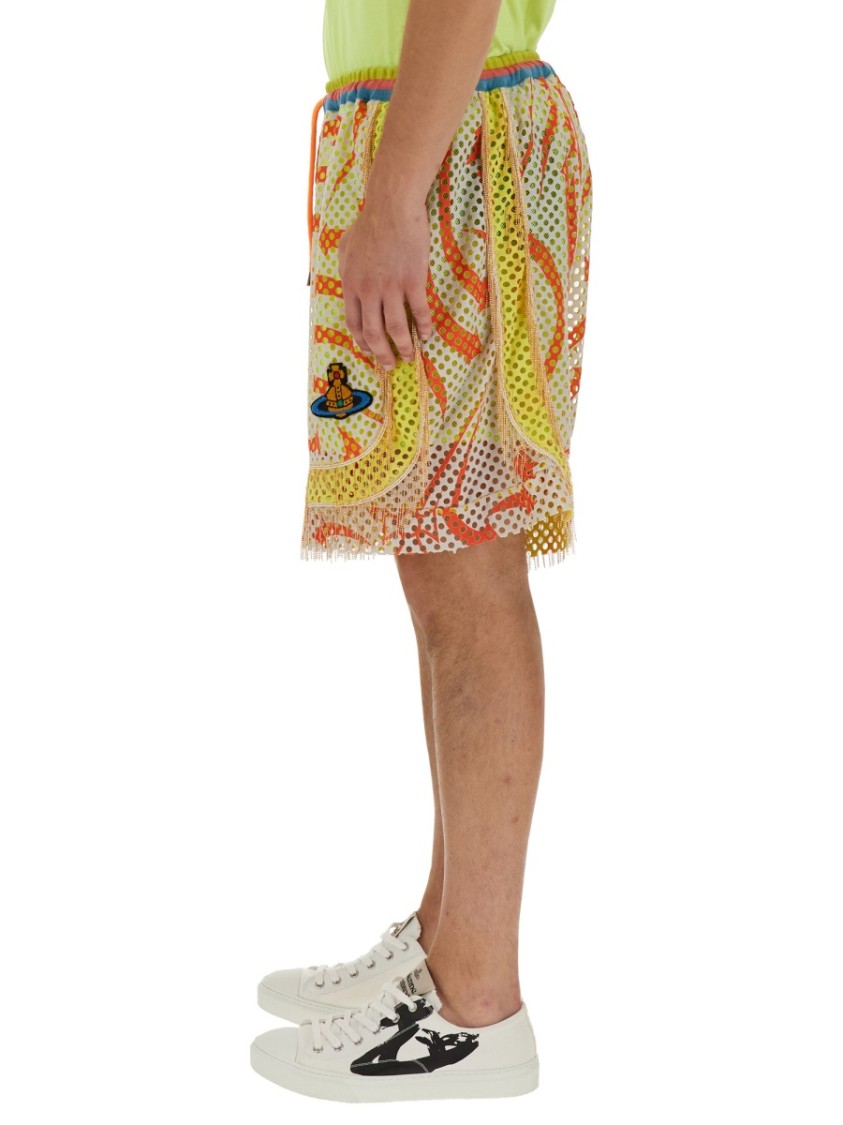 Vivienne Westwood Print Mesh Shorts With Fringed Hem In Multicolor
