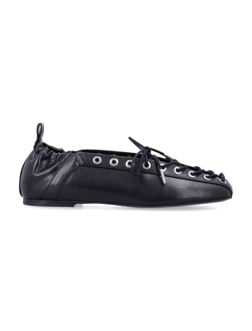 Ganni Black Lace-up Ballerinas With Metal Eyelets And Elasticized Ankle In Eco-leather Woman In Black