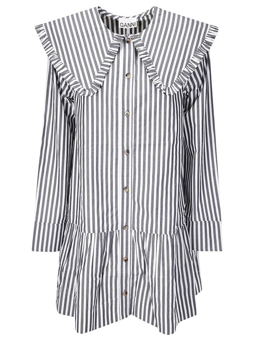 Ganni Striped Dress With Wide Collar And Ruffles In Grey