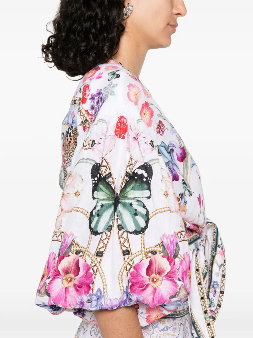 Shop Camilla White V-neck Crop Top With Knot Detailing And Wide Sleeves