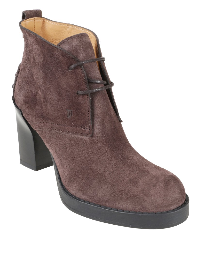 Tod's Brown Suede Ankle Boots With High Block Heel And Lace-up Front In Brown