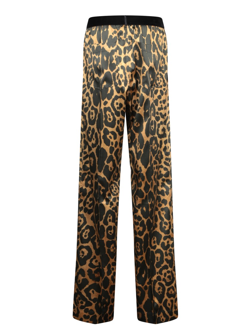 Tom Ford Multicolor Pants With Logo Patch On The Waist And All-over Leopard Print In Silk Stretch Wo In Brown