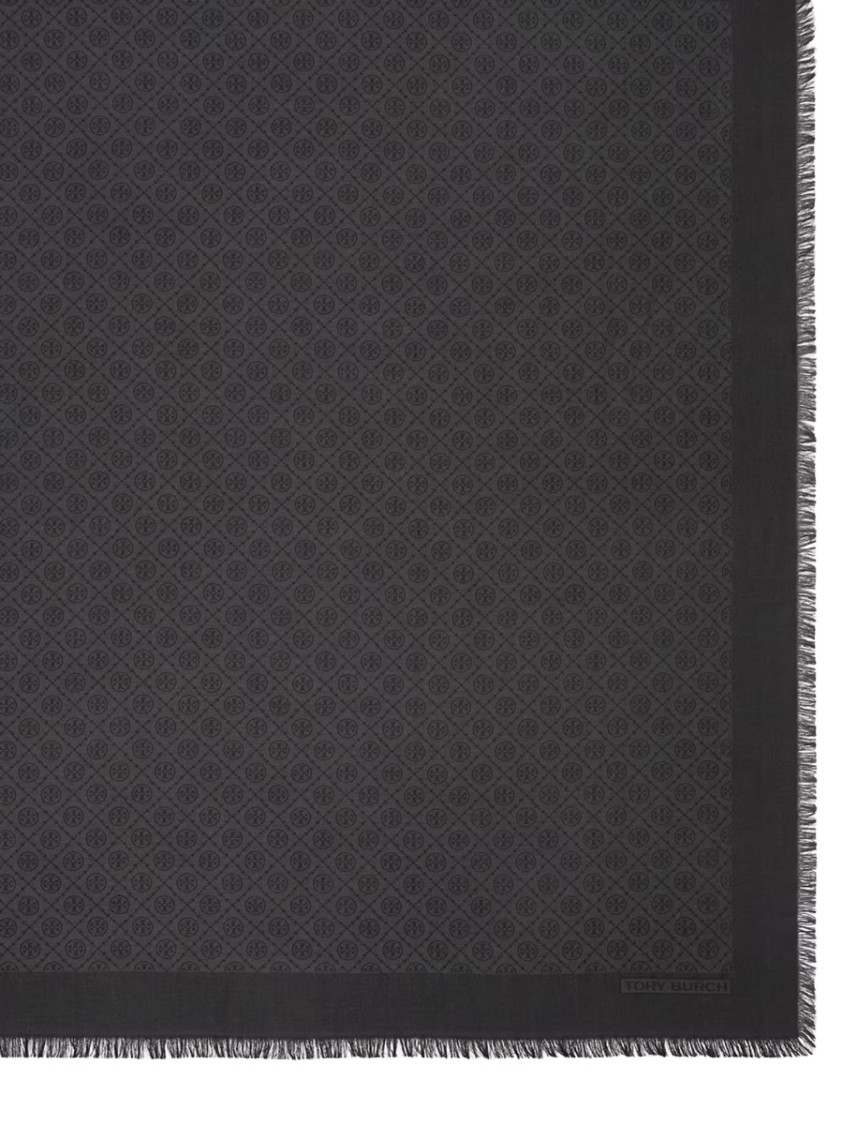 Tory Burch Fringed Logo Pattern Scarf In Black