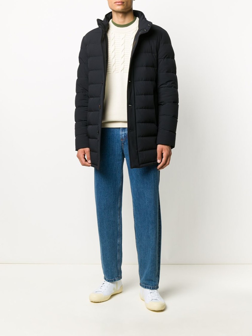 Moorer Padded Dark Blue Virgin Wool Parka With Stand-up Collar In Black