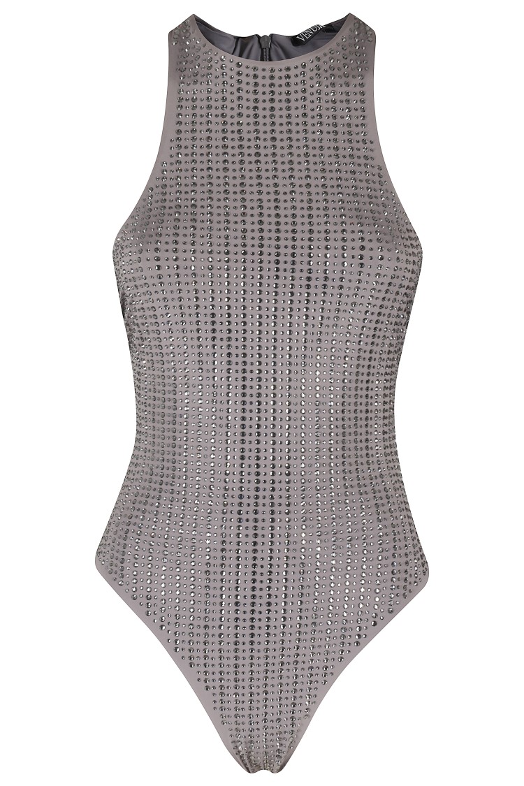 Venuja Grey One-piece Swimsuit With All-over Stud Decoration In Tech Fabric Woman