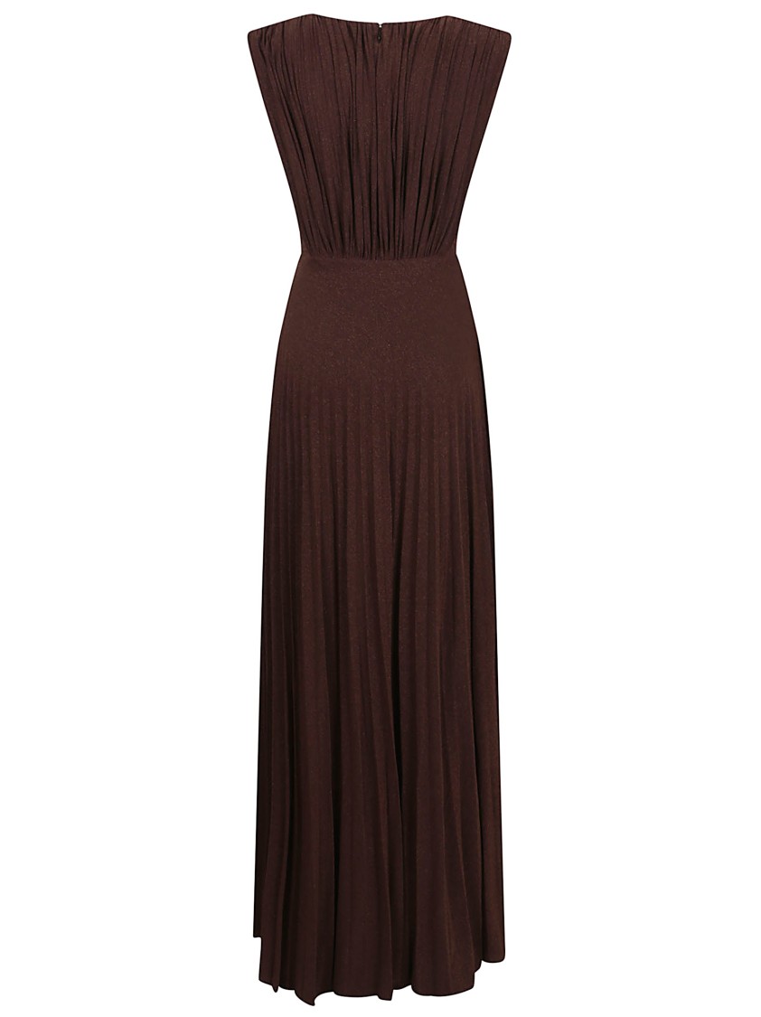 Elisabetta Franchi Pleated Brown Skirt With Crossover Bodice And V-neckline In Brown