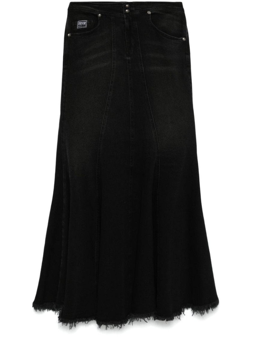 VERSACE JEANS COUTURE VERSACE JEANS COUTURE FLARED BLACK DENIM SKIRT WITH RAW HEM AND FIVE-POCKET DESIGN