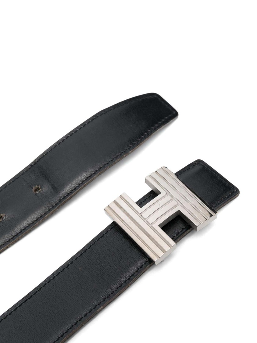 Pre-owned Hermes Hermès Reversible Leather Constance H Belt In Black