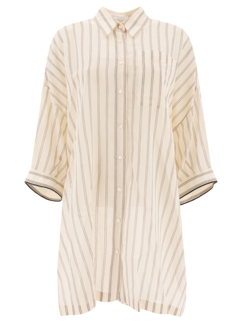 Brunello Cucinelli Long Sleeve Striped Shirt With Button-down Front In Neutral