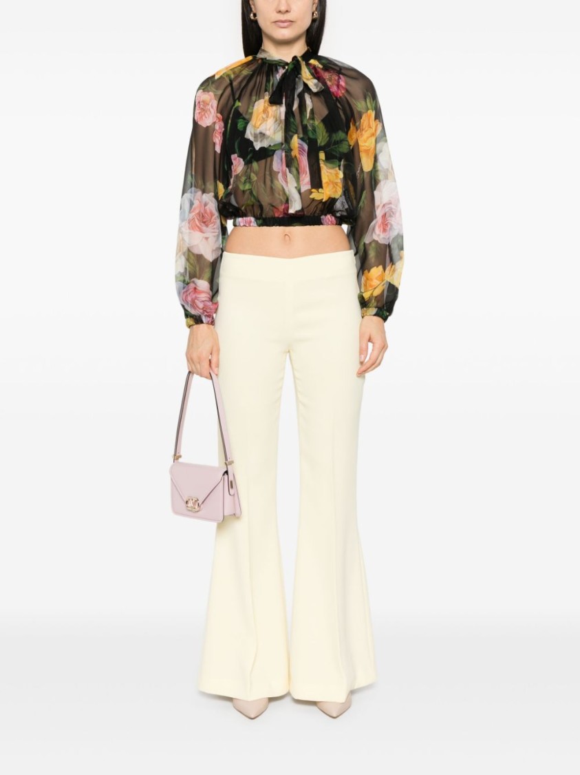 Dolce & Gabbana Rose Tie-neck Chiffon Cropped Blouse In Black