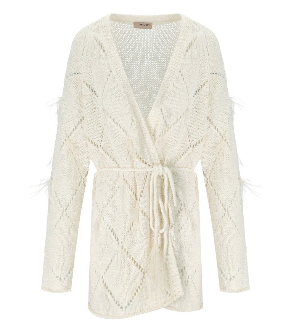 Twinset Twin-set Off-white Cardigan With Feathers