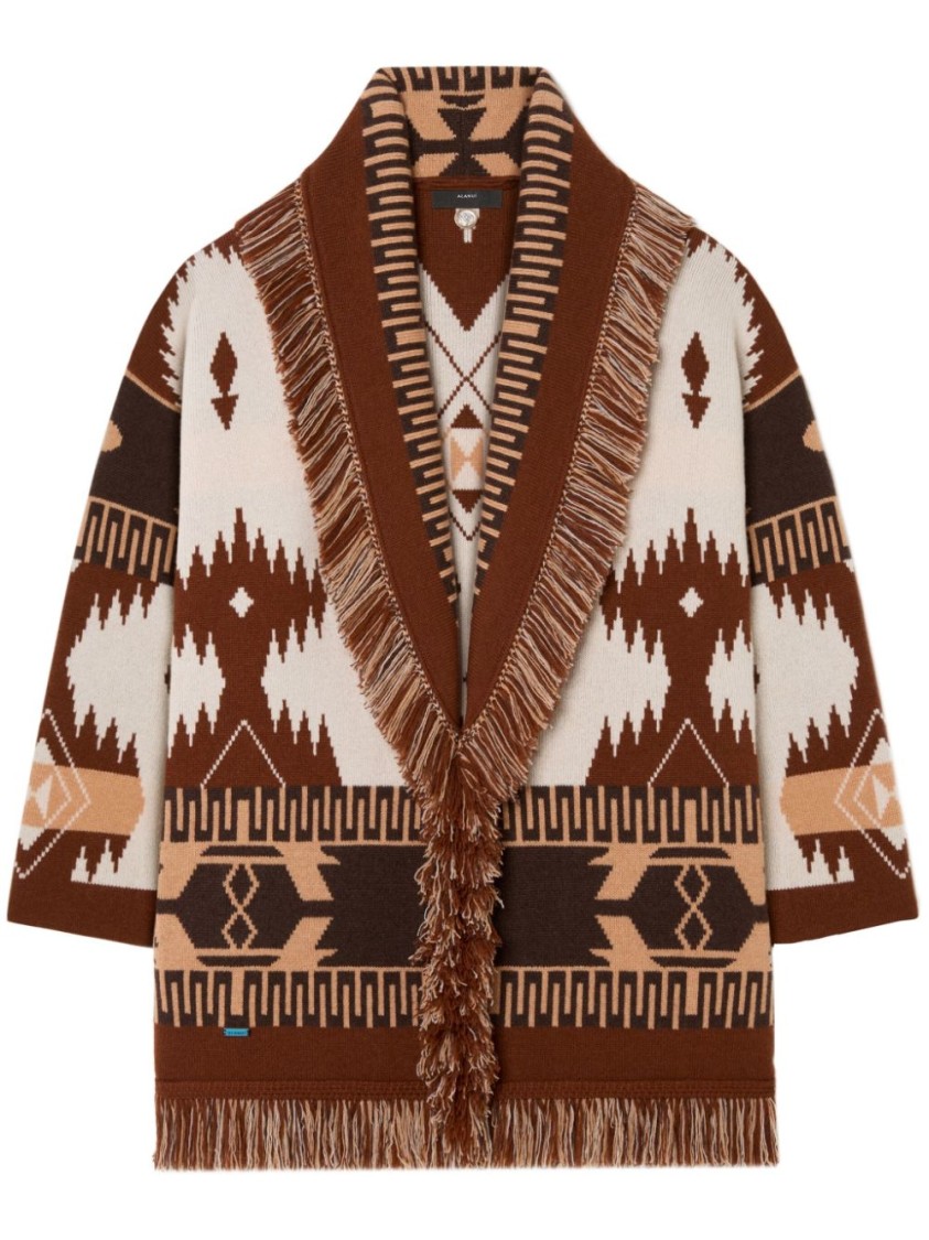Alanui Geometric Pattern Cashmere Sweater With Fringed Hem In Brown