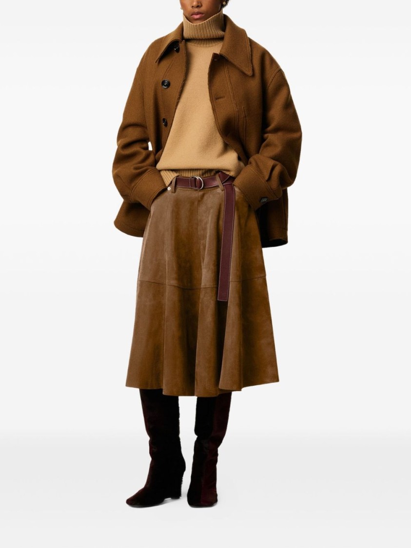 Ami Alexandre Mattiussi Pleated Suede Midi Skirt In Brown