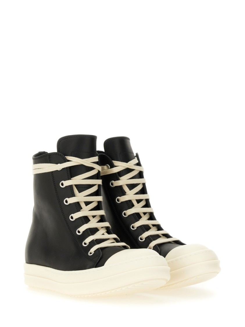 Rick Owens Black High Top Sneakers With Oversized Laces In Leather In Black