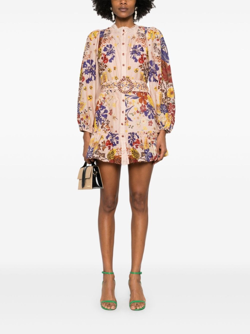 Farm Rio Floral Print Mini Dress With Lace Collar And Ruffled Hem
