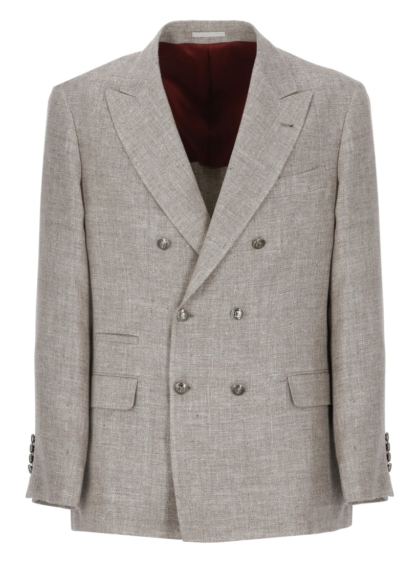 Brunello Cucinelli Beige Linen And Wool Double-breasted Jacket In Neutrals