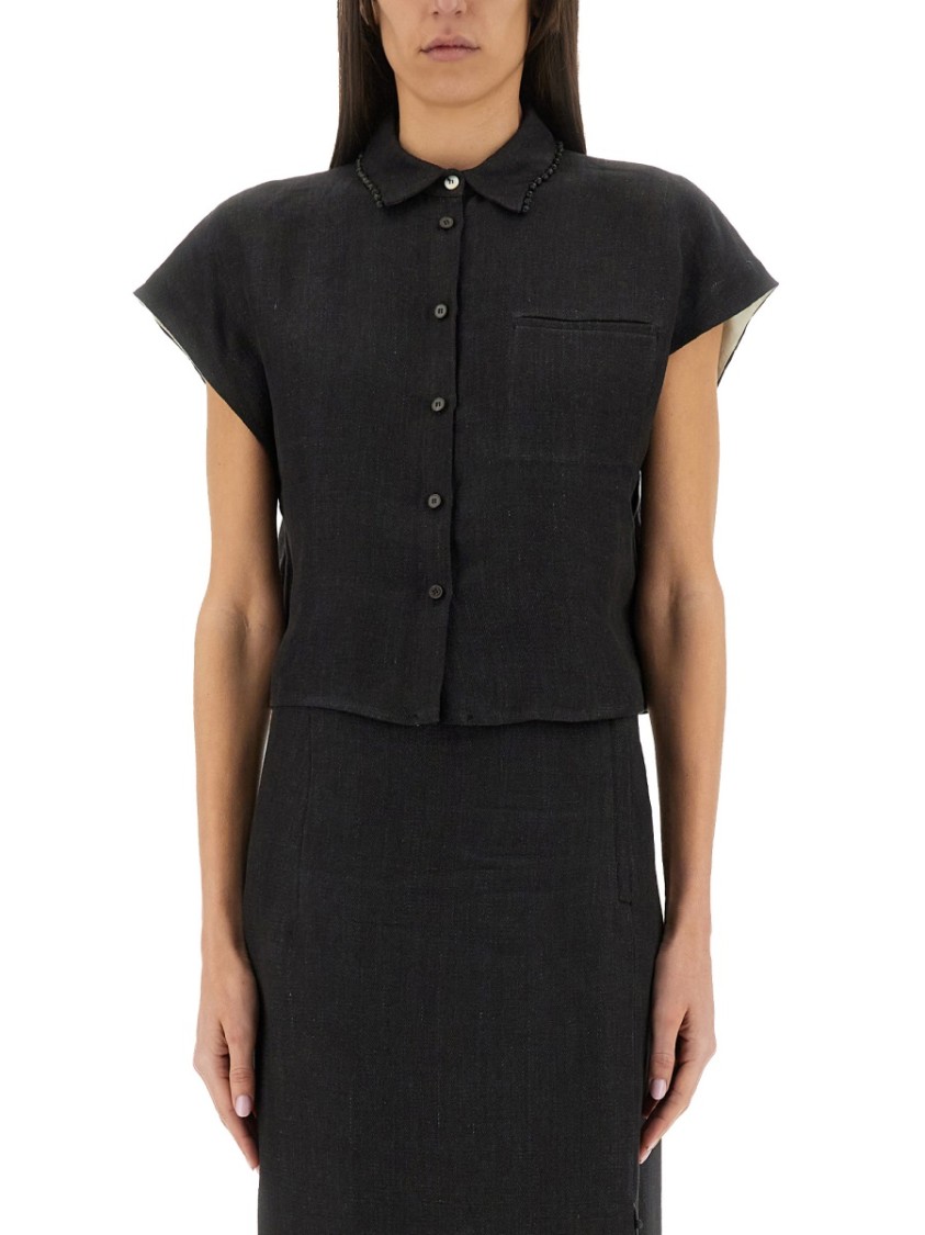 Shop Alysi Cropped Linen Shirt With Classic Collar In Grey
