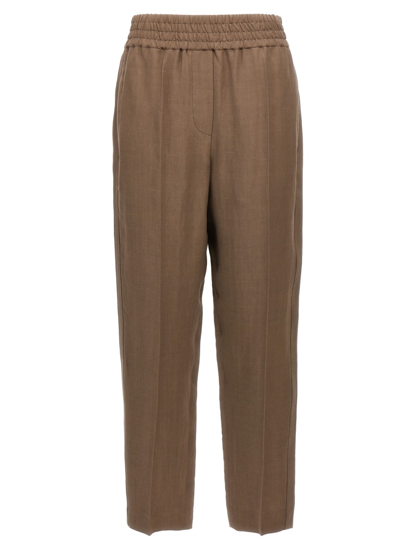 Brunello Cucinelli Brown Linen Blend Trousers With Elastic Waistband