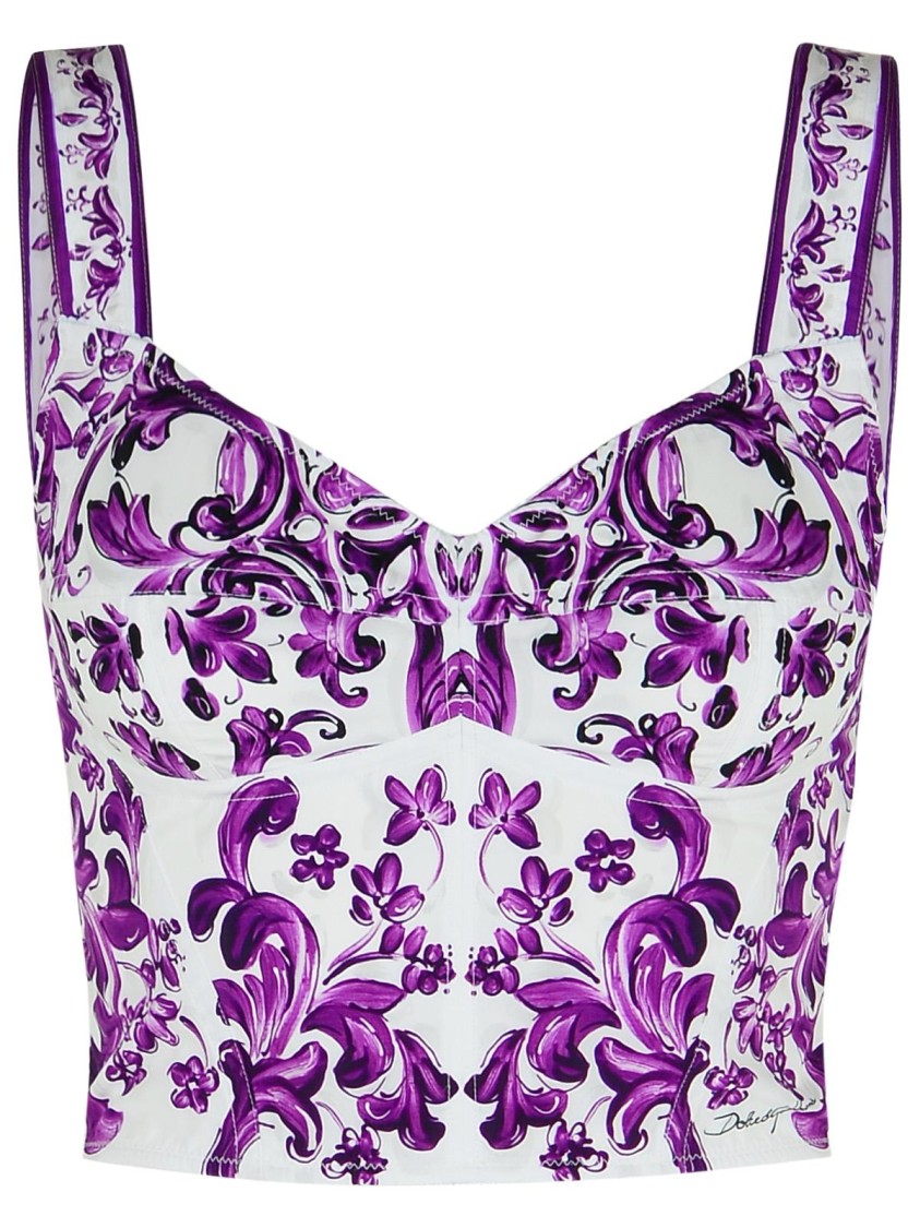 Dolce & Gabbana Violet Top With Sweetheart Neckline And All-over Graphic Print In Cotton Blend Woman