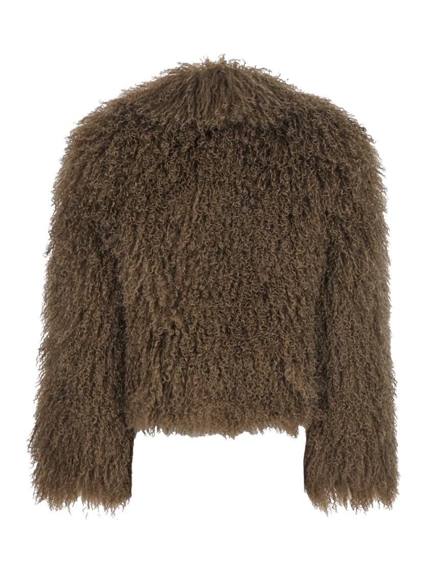 Plain Textured Brown Tibet Fur Short Jacket In Brown