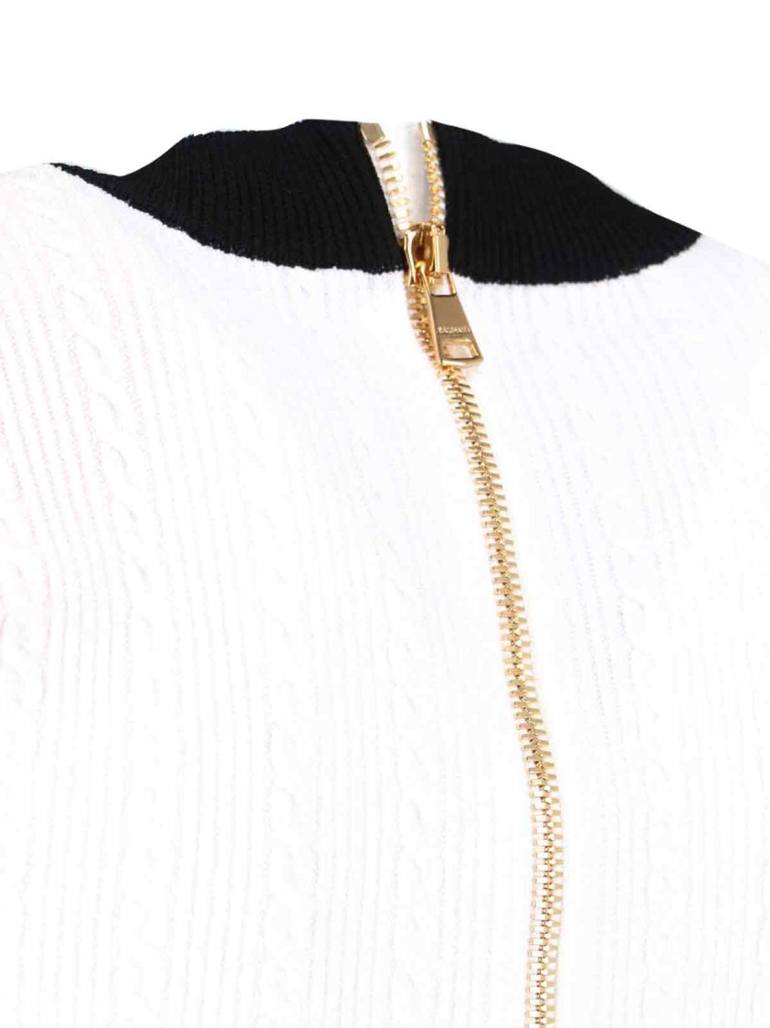 Balmain V-neck Buttoned Strong-shoulder Torsade Knit Mini Dress
