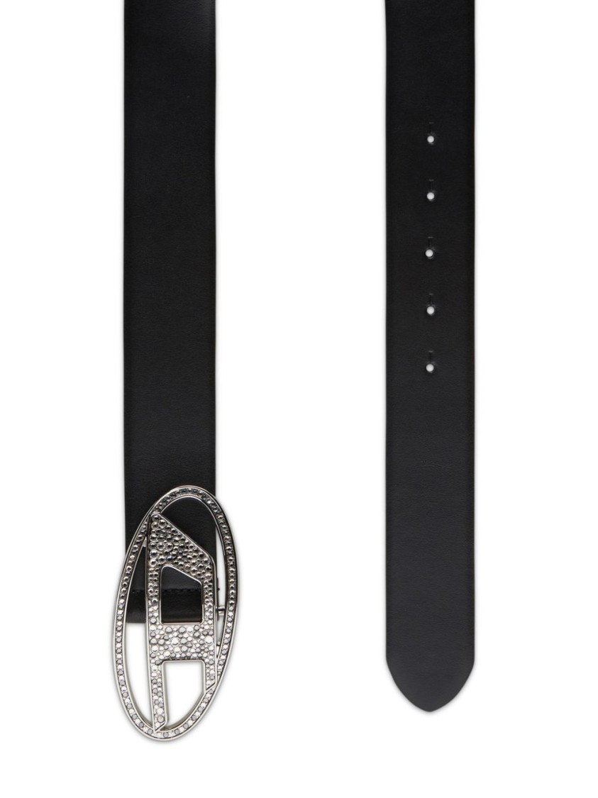 Diesel Oval Buckle Black Strap Belt With Sparkling Embellishments In Black