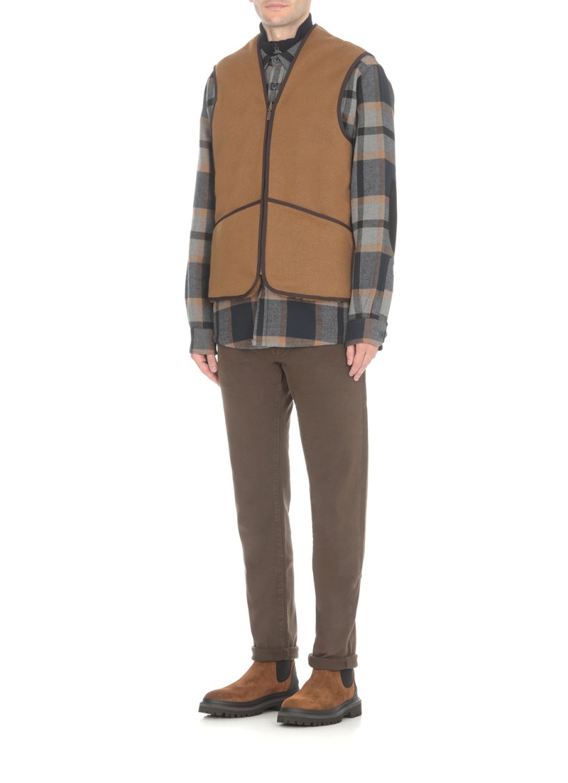 Barbour Sleeveless Tailored Jacket With Textured Fabric And Contrasting Trim In Brown