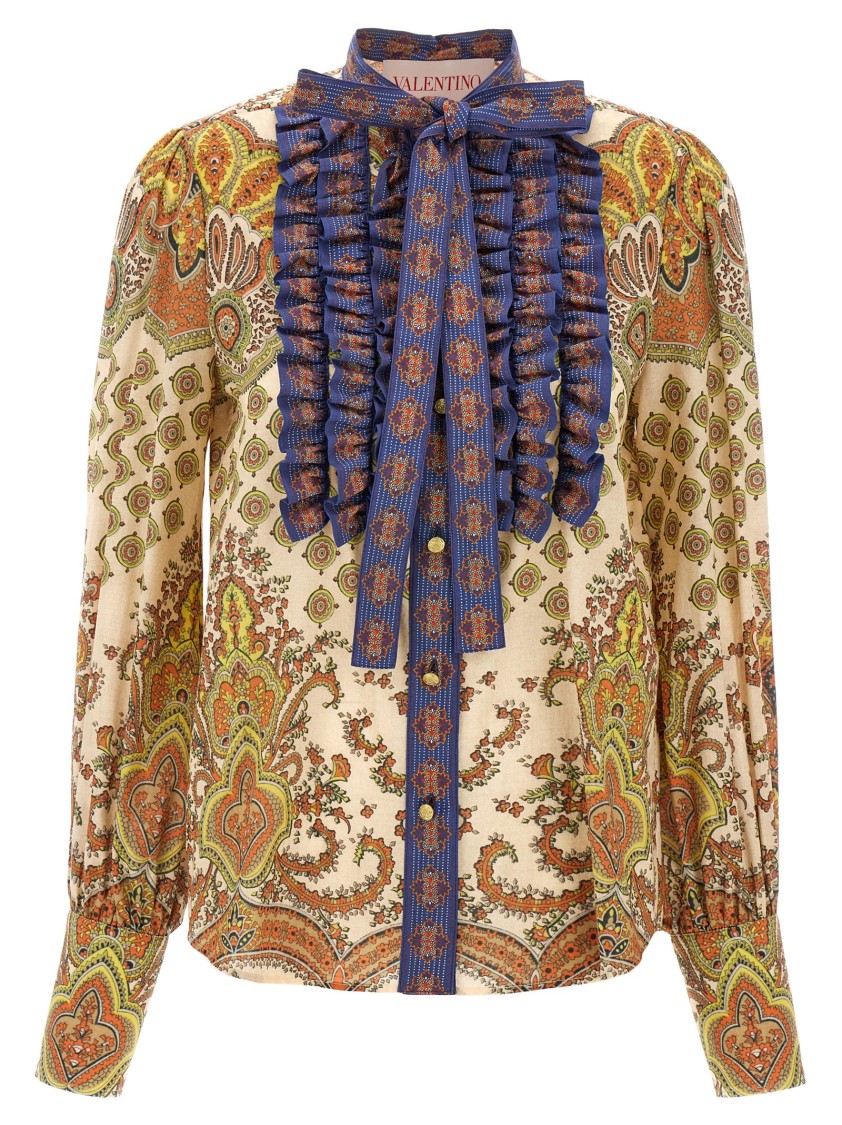 Valentino Garavani Cotton Shirt With Ruffled Lavallière Collar In Multi