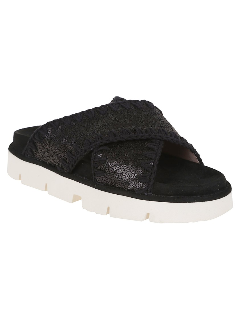 MOU MOU BLACK LEATHER SANDALS WITH TEXTURED UPPER