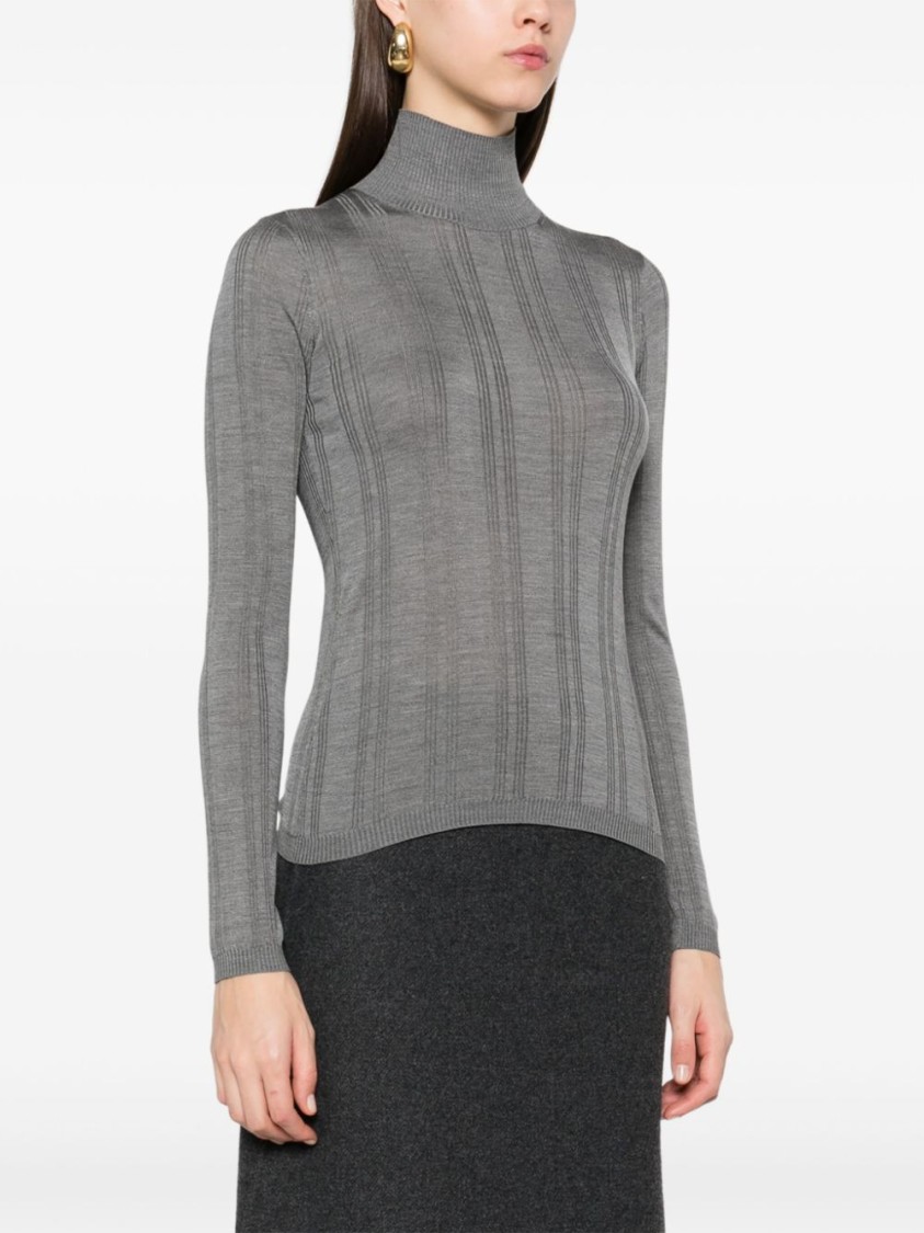 Carven Silk Turtleneck Sweater With Ribbed Hem In Grey