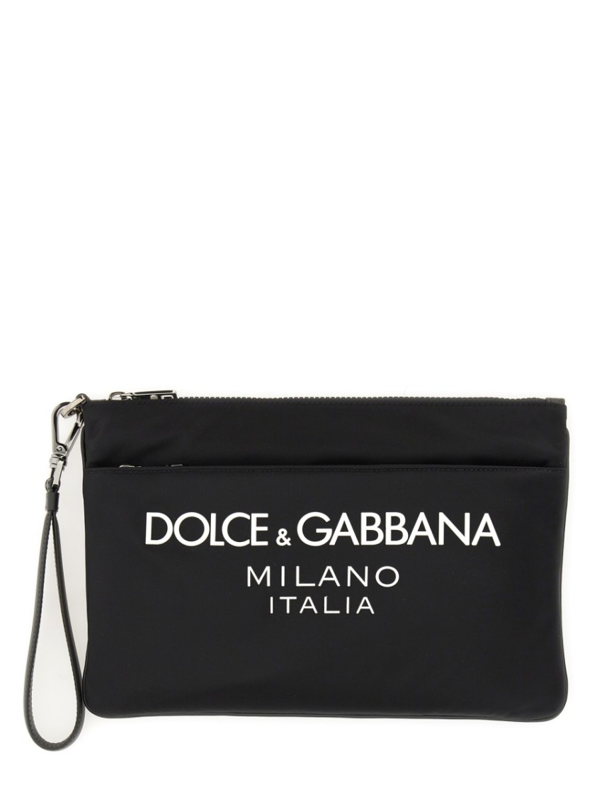 Dolce & Gabbana Black Pouch With Contrasting Rubberized Logo In Nylon In Black