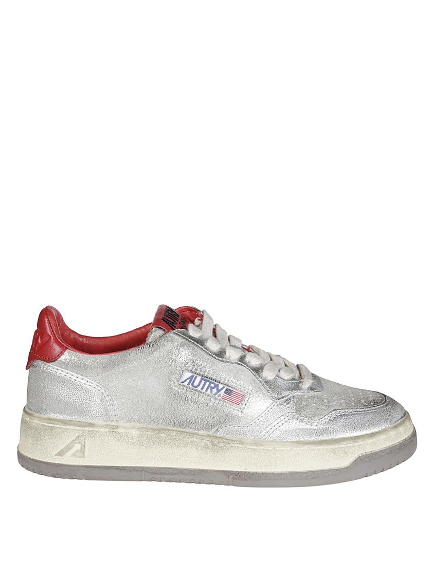 Autry Metallic Silver Sneakers With Textured Finish And Contrasting Red Accents In Multi