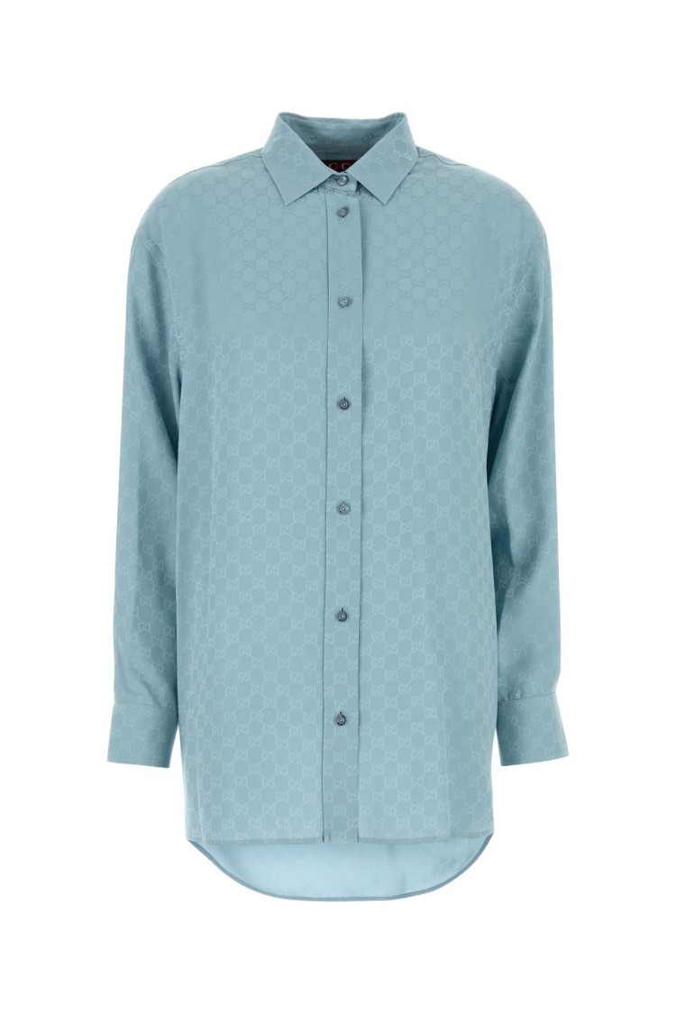 Gucci Womens Aqueous Monogram Relaxed-fit Silk Shirt In Blue