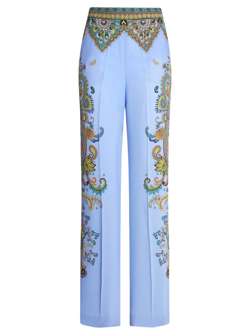 Etro Palazzo Silk Trousers With Floral And Geometric Print In Blue