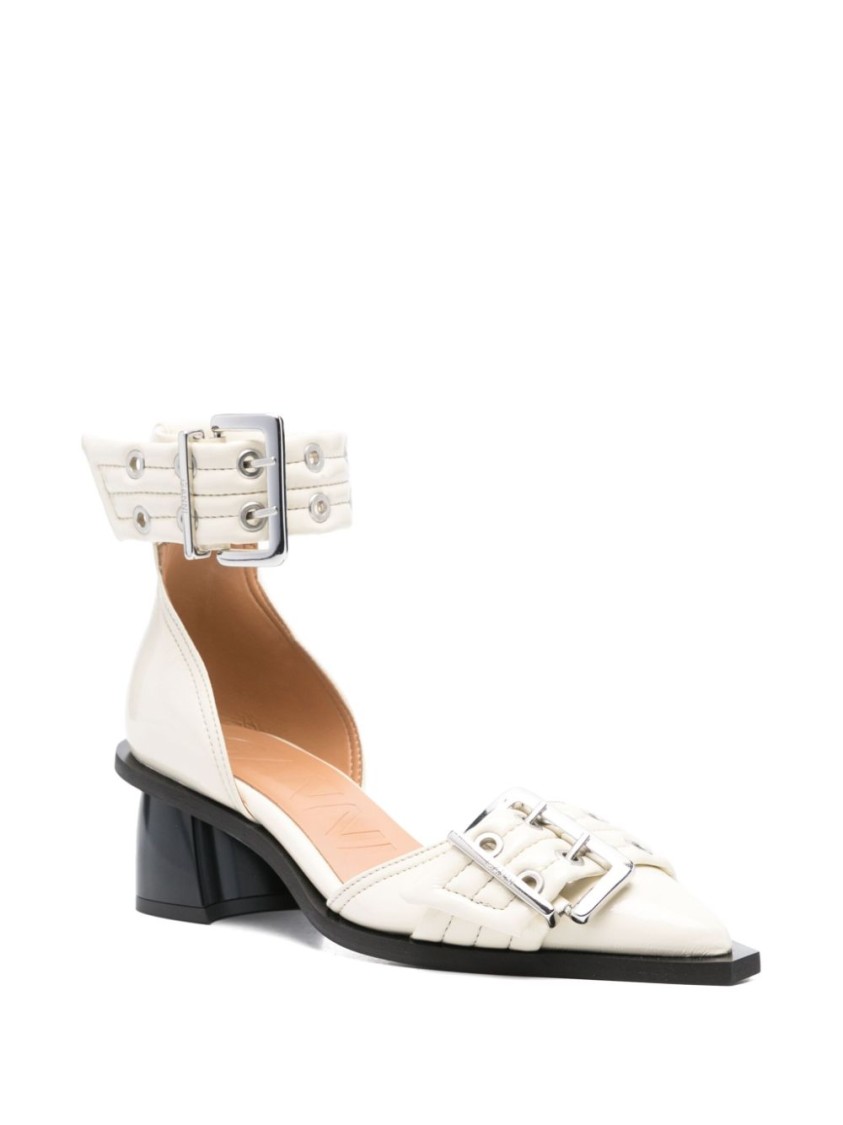 Ganni Ivory Pumps With Buckles And Ankle Strap In Neutrals