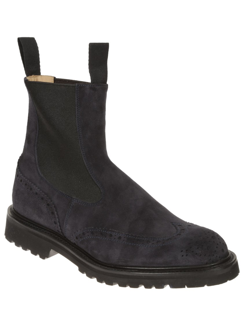 Shop Tricker's Swallow Tail Chelsea Boot In Navy Suede In Black