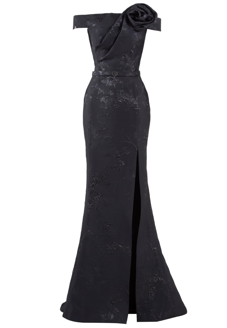 Saiid Kobeisy Long Brocade Dress With A Thin Belt In Black