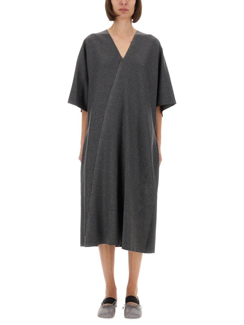 Mm6 Maison Margiela V-neckline Midi Dress Asymmetric Seam In Gray