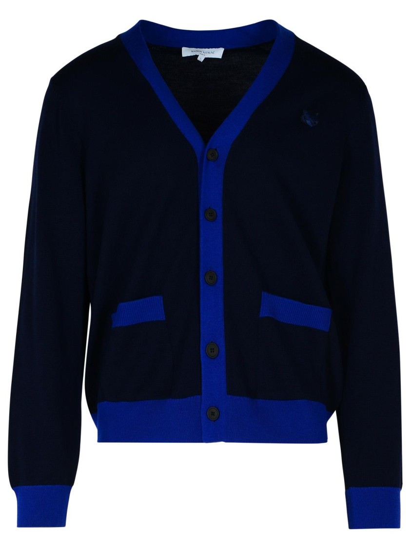 Shop Maison Kitsuné Navy Wool Cardigan In Blue