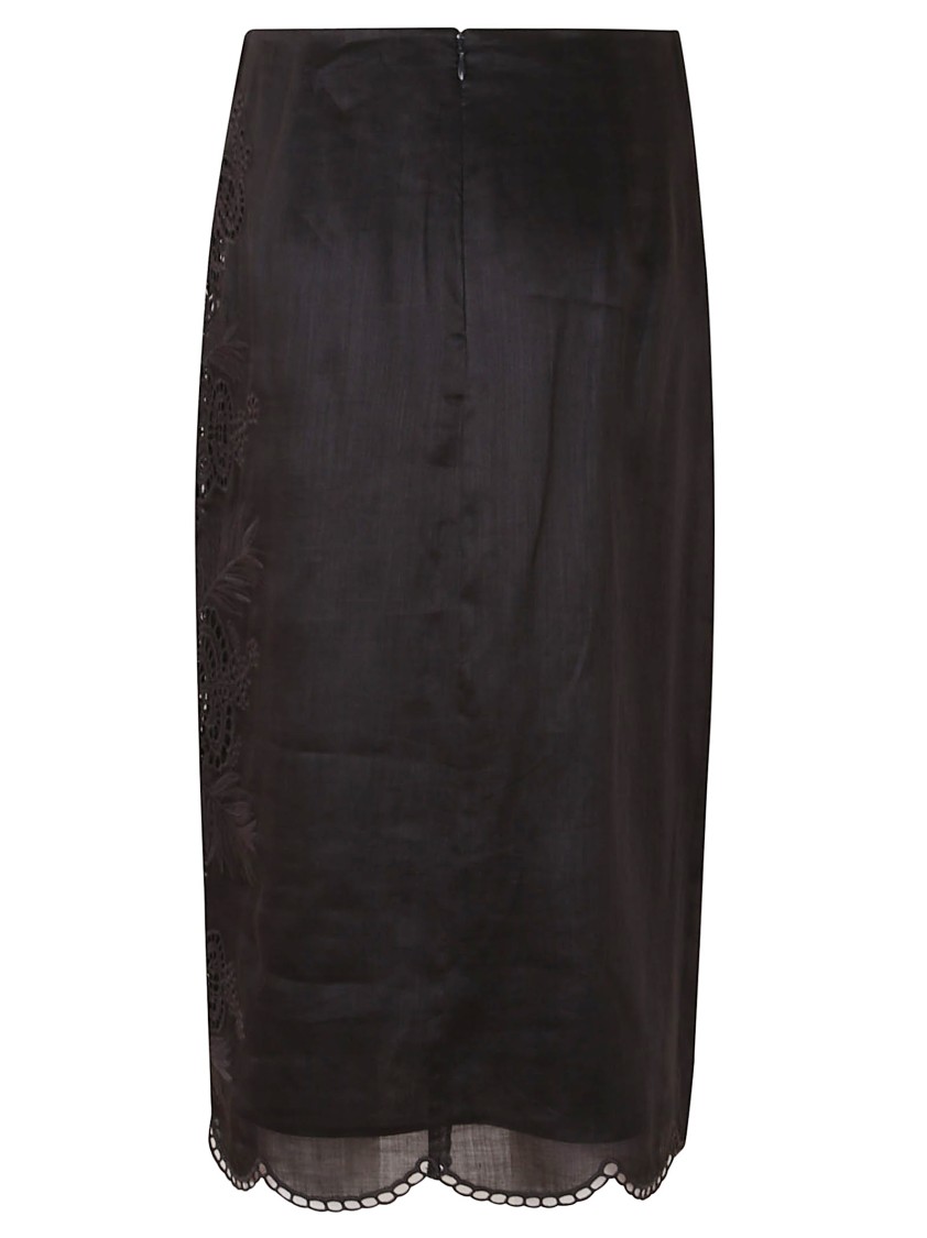 Max Mara Intricate Embroidered Black Midi Skirt With Scalloped Hem In Black
