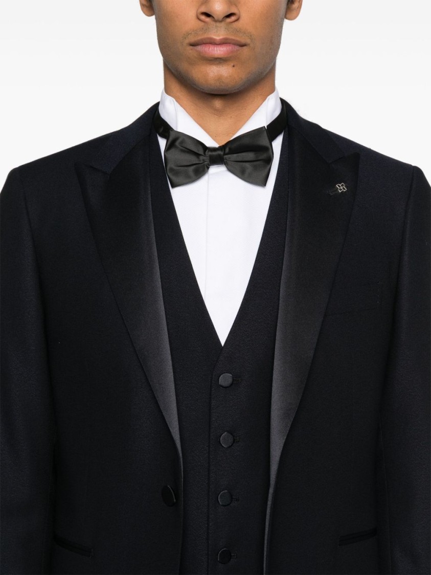 Shop Tagliatore Blue Tailored Suit With Satin Lapel And Shoulders
