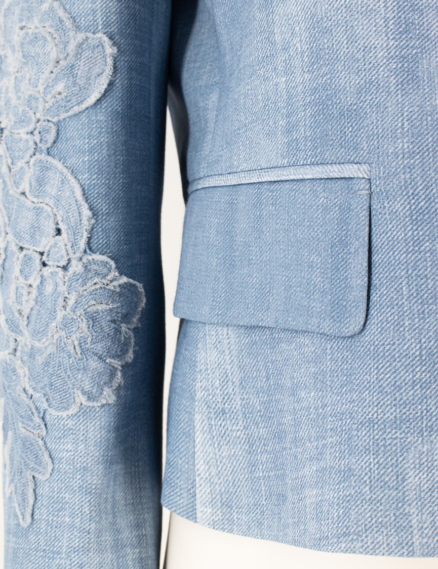 Ermanno Scervino Single Breasted Jacket With Floral Appliqués And Denim Effect In Blue