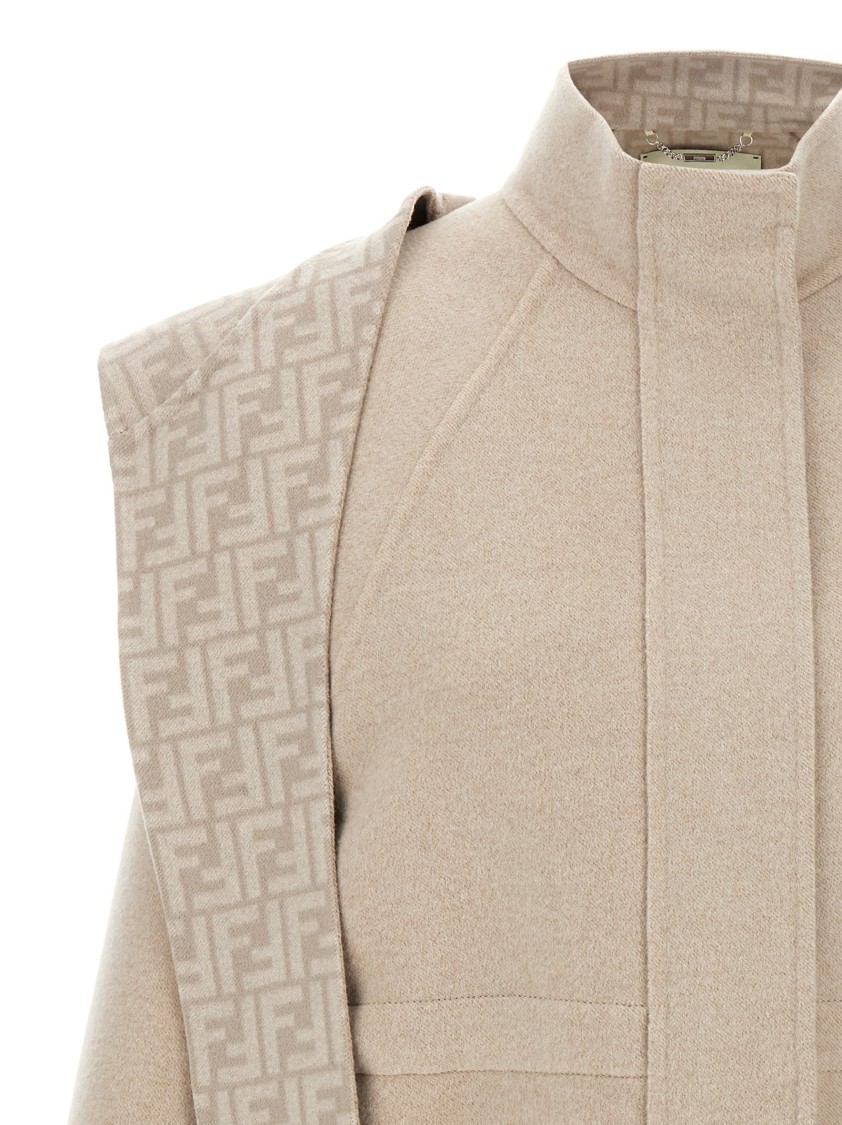 Fendi Beige Wool Parka With Removable Stole And Ff Monogram In Neutral