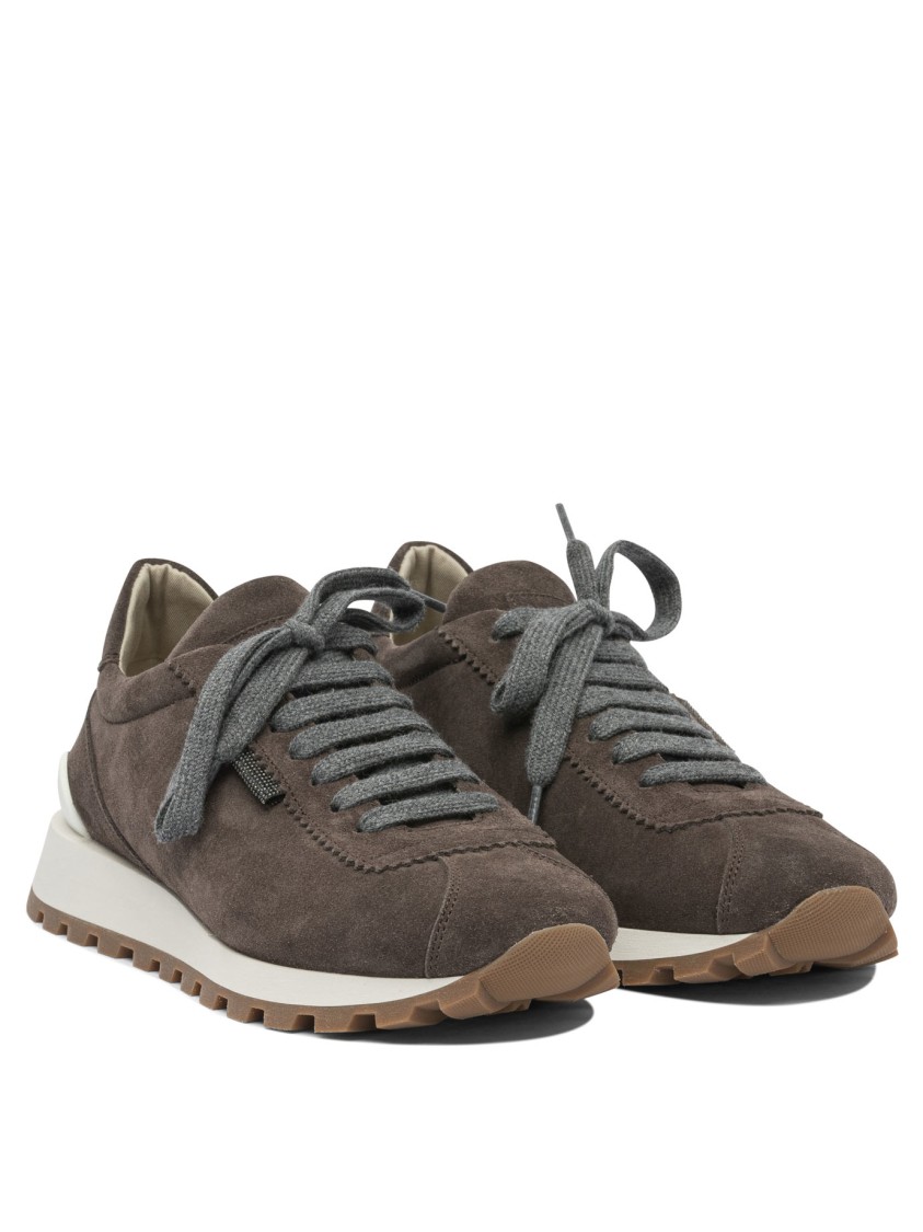Brunello Cucinelli Suede Sneakers With Shiny Tab In Gray