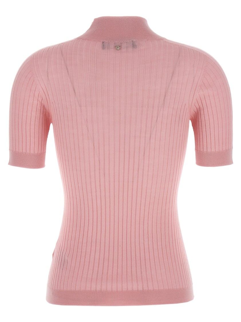 Versace Fitted Ribbed Wool Sweater With High Neck In Pink