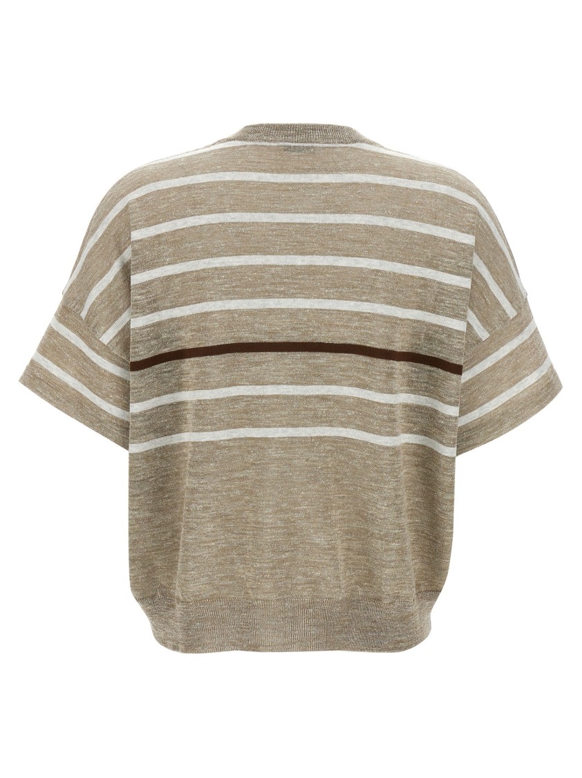 Brunello Cucinelli Beige Lurex Linen Blend Striped Sweater In Brown