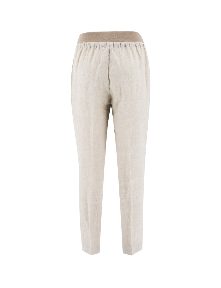 Le Tricot Perugia Linen Trousers With Elasticated Drawstring Waist And Refined Fit In Neutrals