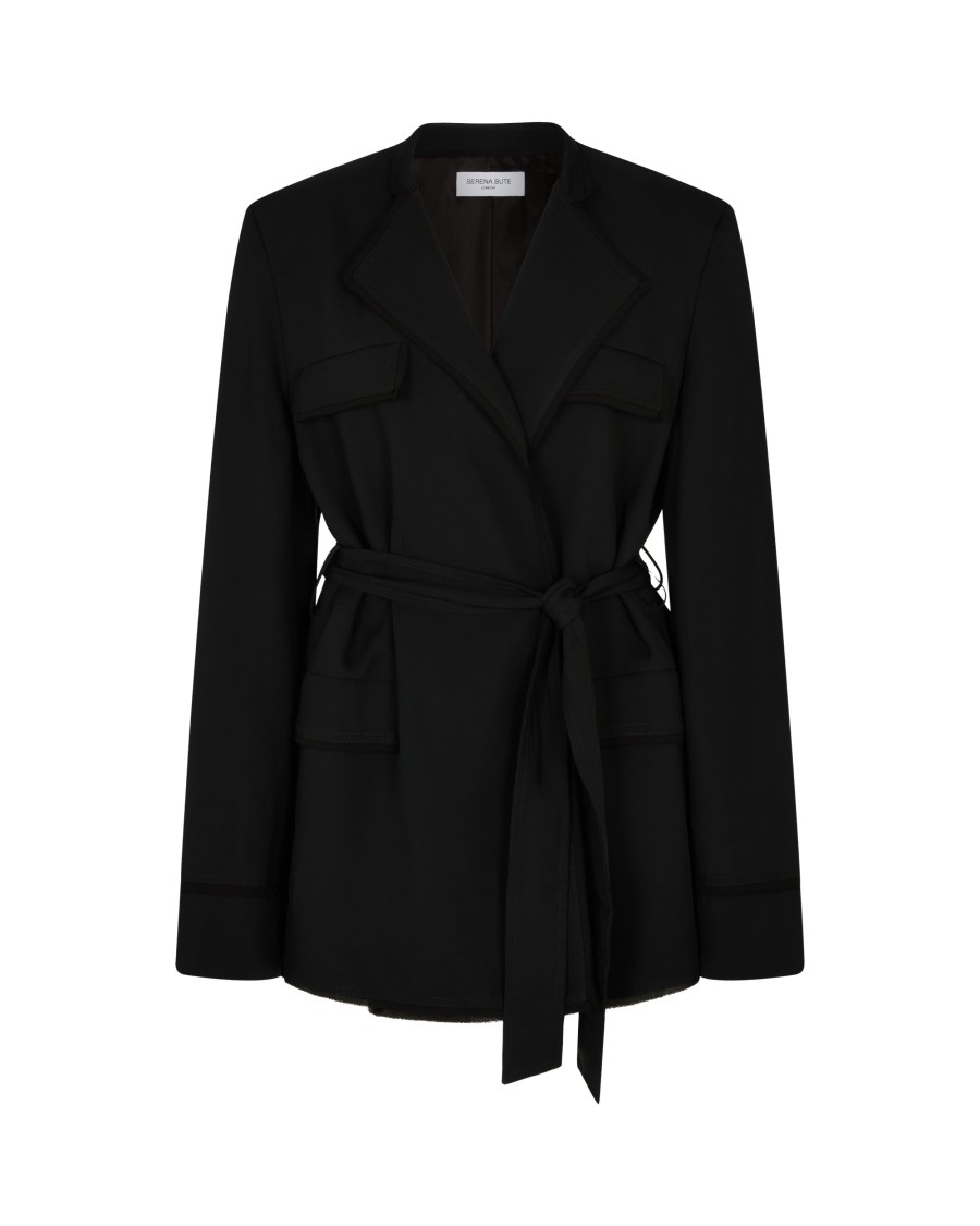 Serena Bute Relaxed Jacket With Georgette Trim - Black In Black